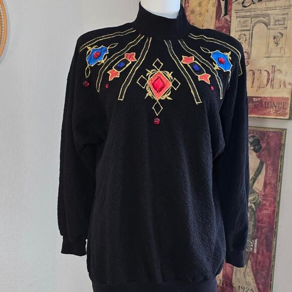 Vintage 90s/90s Kitsch Embroidered Bejeweled Crewneck Batwing Turtleneck Sweater - Picture 2 of 8